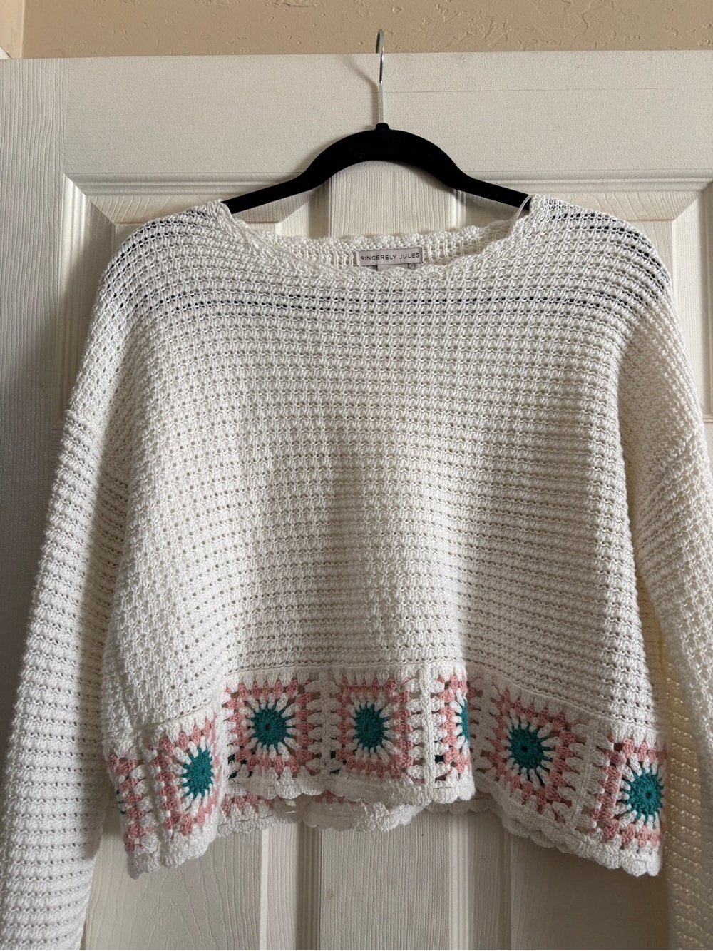Sincerely Jules Crochet Knit Sweater Medium Granny Square Boho Cropped Ivory